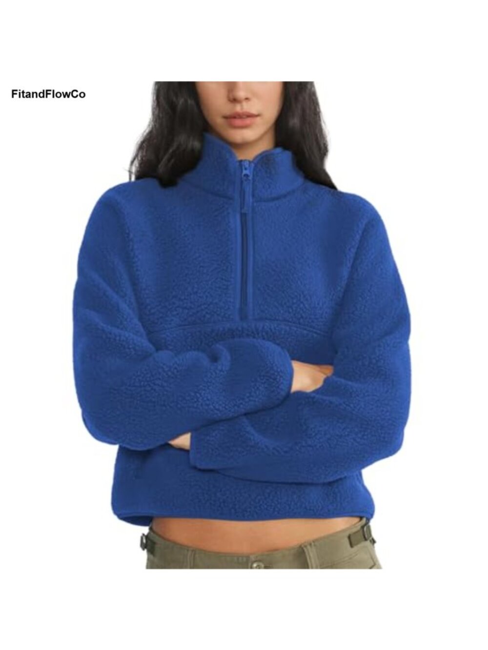 Sherpa Fleece Cropped Half Zip Sweatshirt Pullover Zipper Pockets